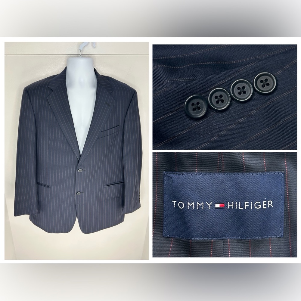Tommy Hilfiger Wool Blazer Size 42R Pinstripe Blue Jacket Sport Coat Office Work